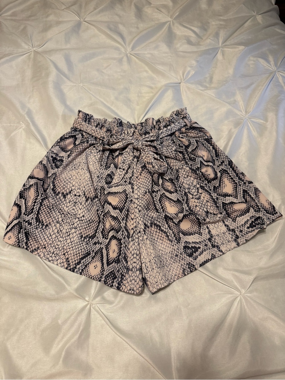 Snake Print Tie-Waist Shorts in Light Pink and Black